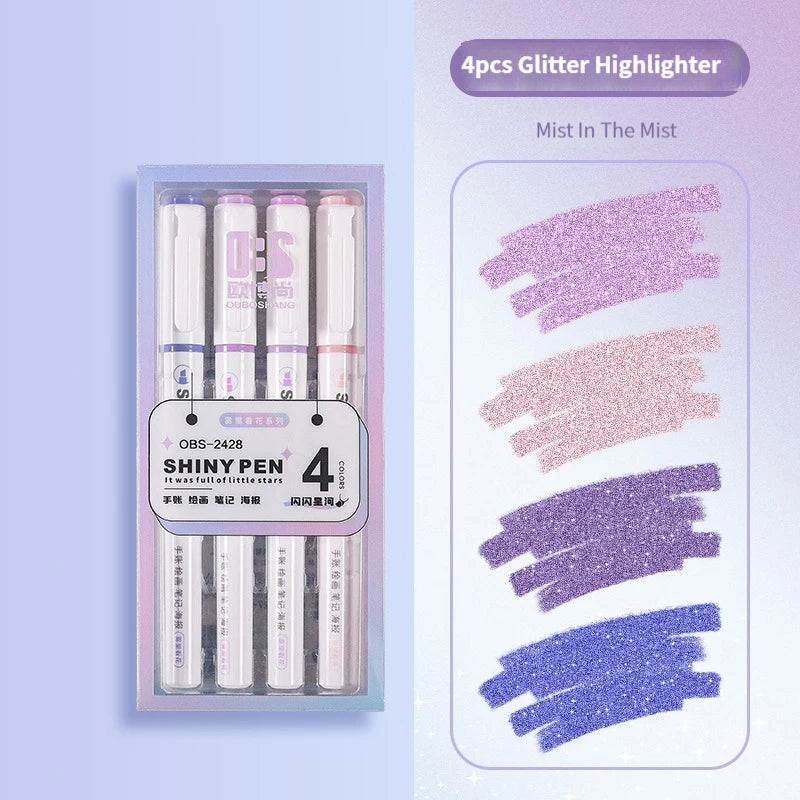 Kit 4 Canetas Marca-Texto Kawaii Glitter – Pastel, Fine, Para Scrapbook e Escola
