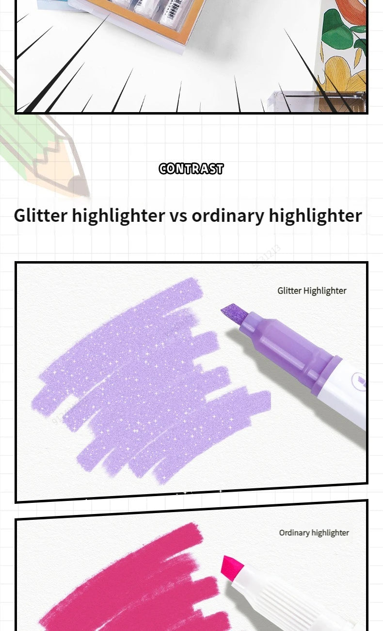Kit 4 Canetas Marca-Texto Kawaii Glitter – Pastel, Fine, Para Scrapbook e Escola