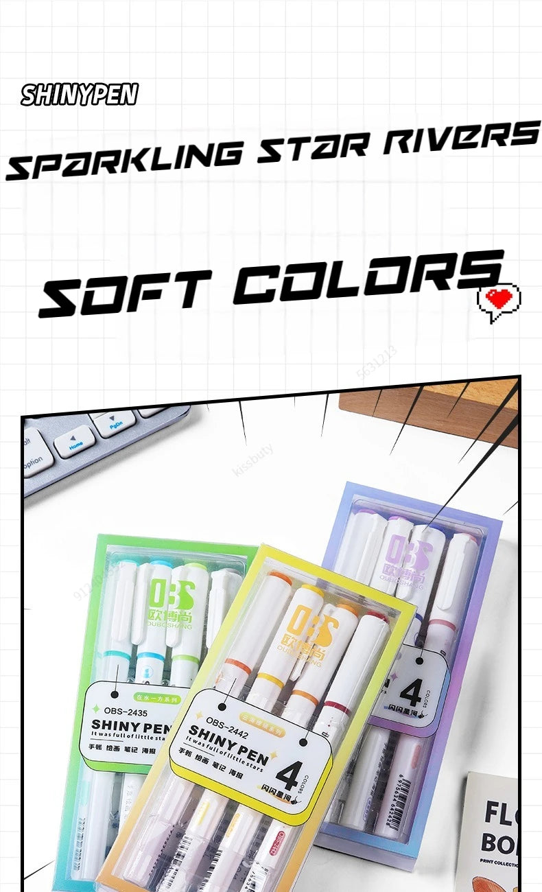 Kit 4 Canetas Marca-Texto Kawaii Glitter – Pastel, Fine, Para Scrapbook e Escola