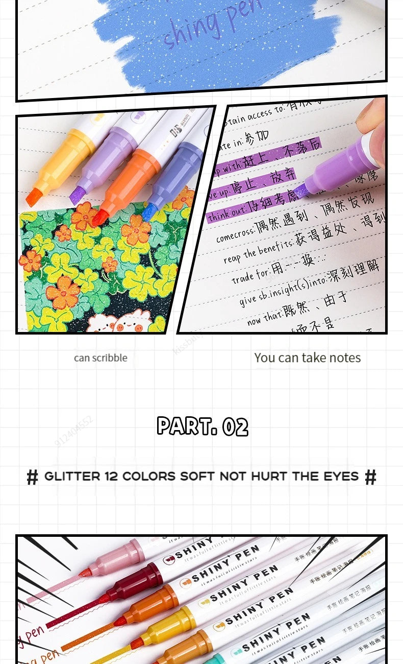Kit 4 Canetas Marca-Texto Kawaii Glitter – Pastel, Fine, Para Scrapbook e Escola