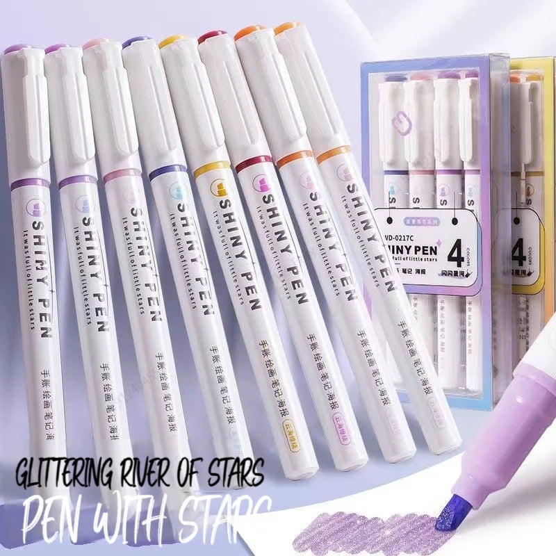 Kit 4 Canetas Marca-Texto Kawaii Glitter – Pastel, Fine, Para Scrapbook e Escola