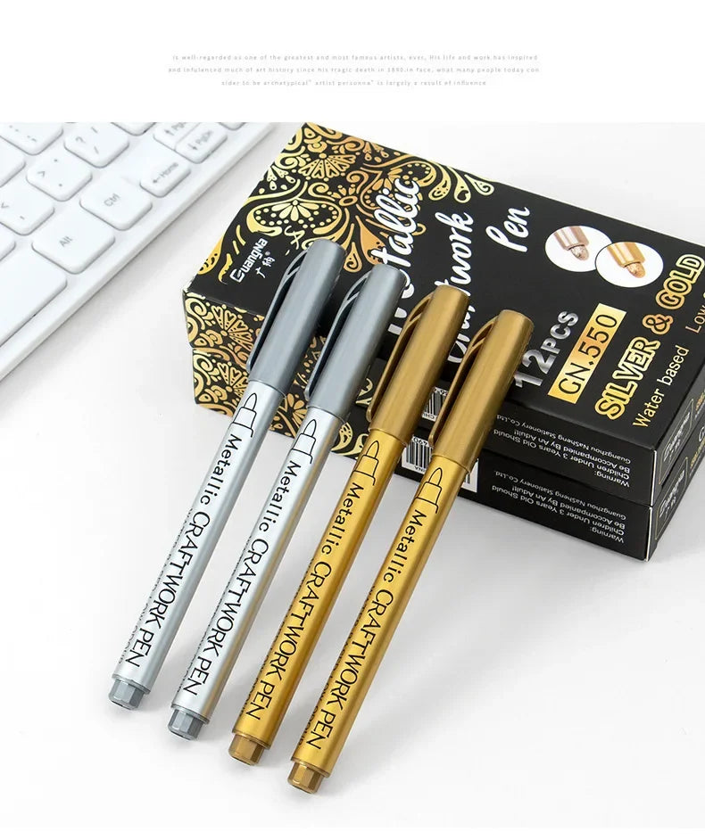 Kit 1 ou 2 Canetas Metallic Marker – Ouro e Prata, Permanente para Scrapbook e Artesanato