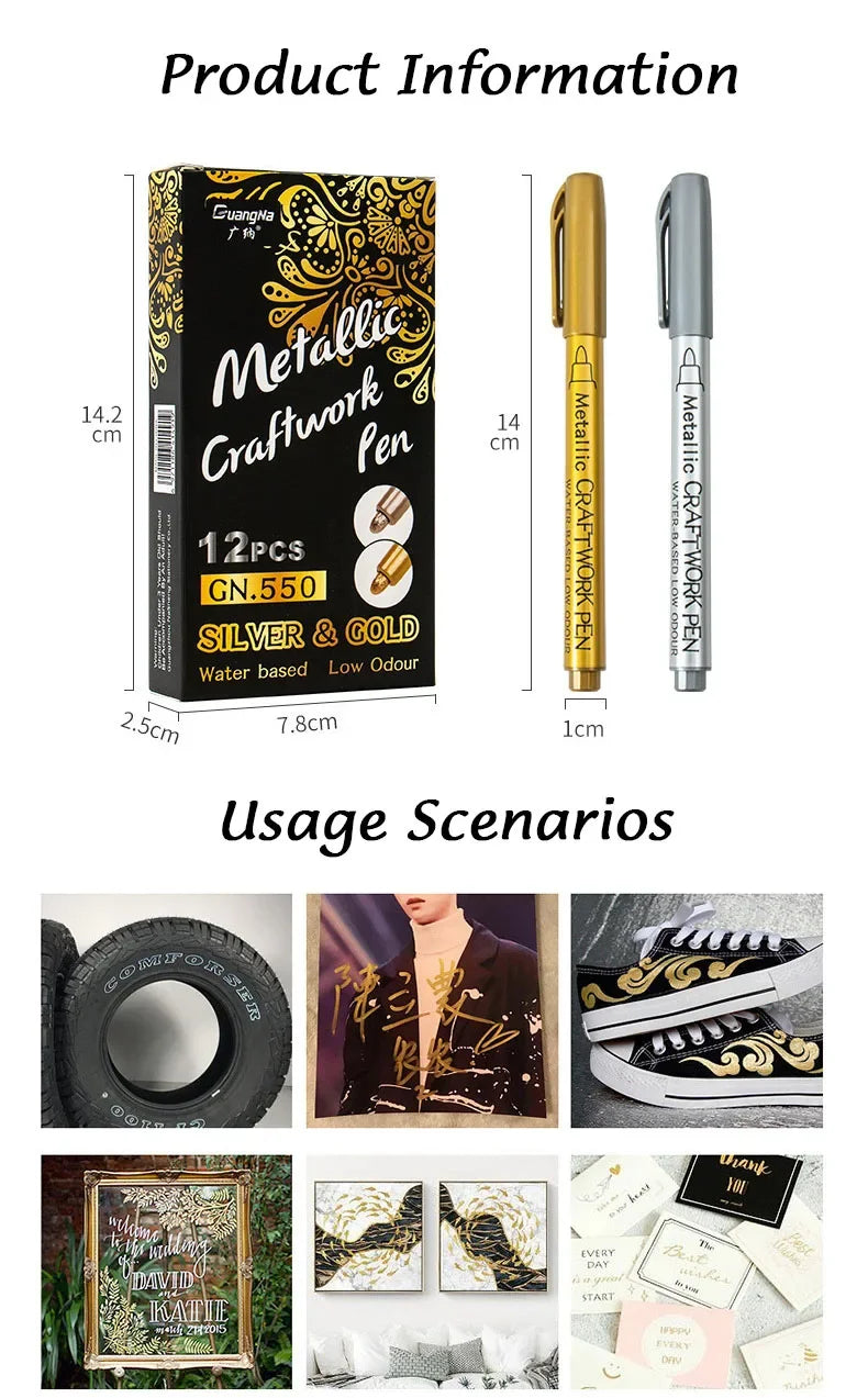 Kit 1 ou 2 Canetas Metallic Marker – Ouro e Prata, Permanente para Scrapbook e Artesanato