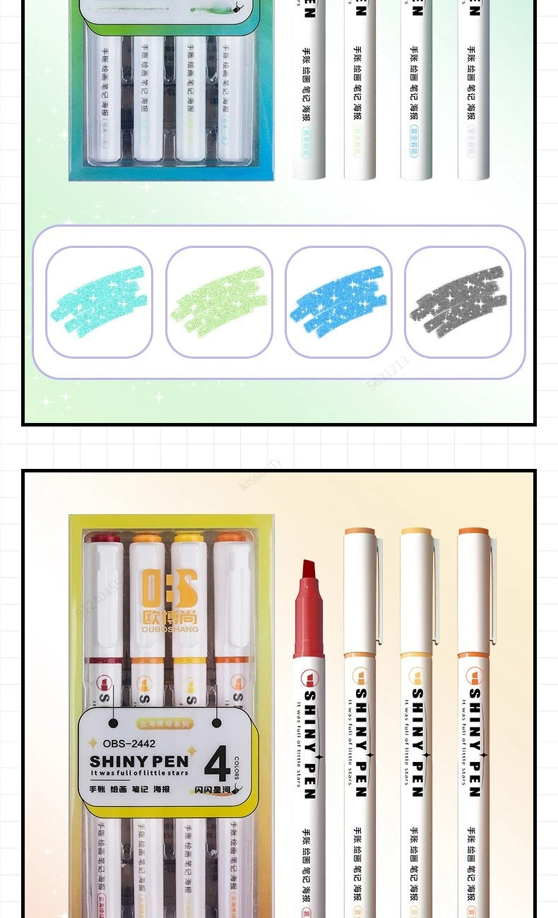 Kit 4 Canetas Marca-Texto Kawaii Glitter – Pastel, Fine, Para Scrapbook e Escola