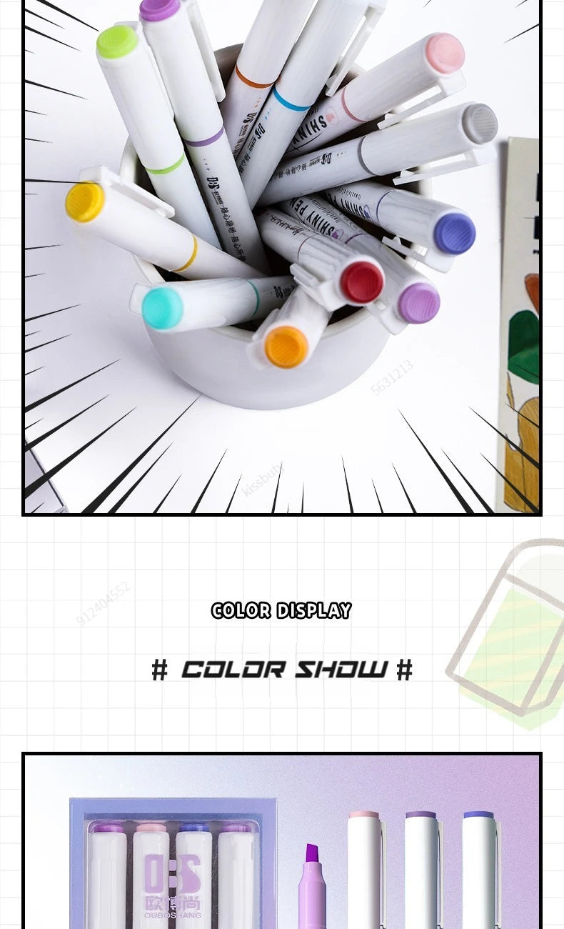 Kit 4 Canetas Marca-Texto Kawaii Glitter – Pastel, Fine, Para Scrapbook e Escola