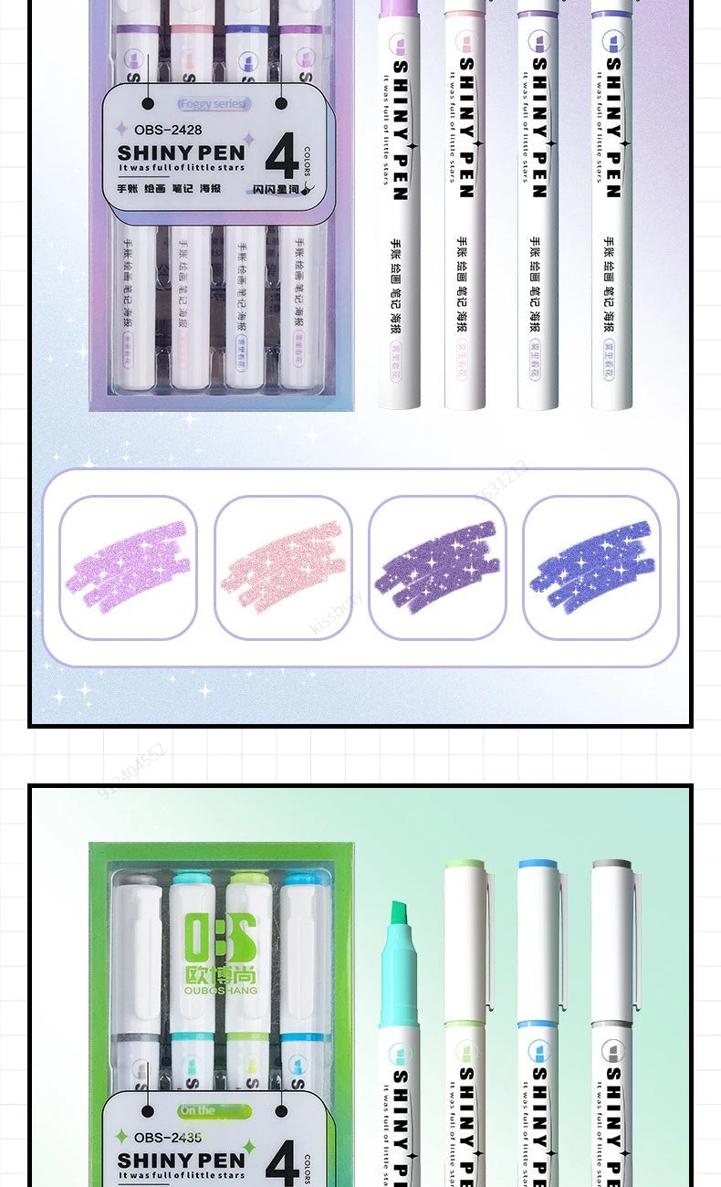 Kit 4 Canetas Marca-Texto Kawaii Glitter – Pastel, Fine, Para Scrapbook e Escola