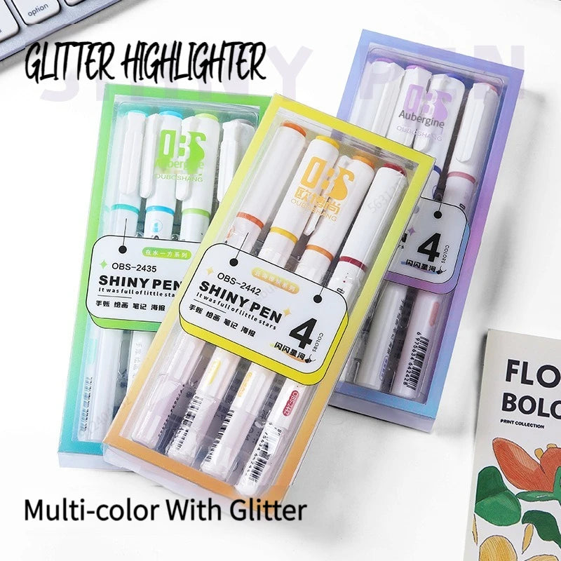 Kit 4 Canetas Marca-Texto Kawaii Glitter – Pastel, Fine, Para Scrapbook e Escola