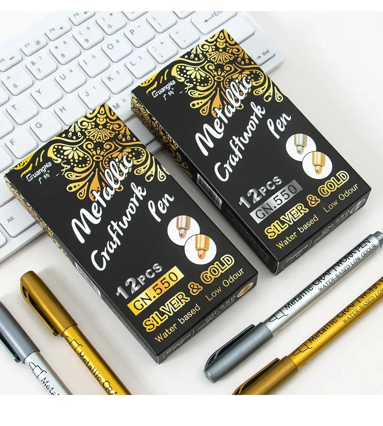Kit 1 ou 2 Canetas Metallic Marker – Ouro e Prata, Permanente para Scrapbook e Artesanato