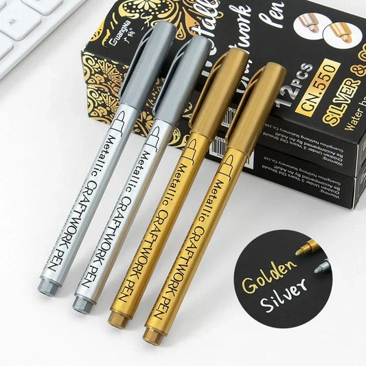 Kit 1 ou 2 Canetas Metallic Marker – Ouro e Prata, Permanente para Scrapbook e Artesanato