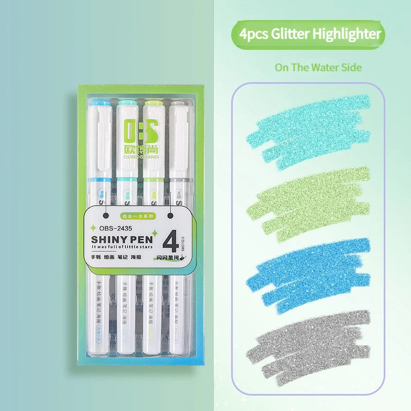 Kit 4 Canetas Marca-Texto Kawaii Glitter – Pastel, Fine, Para Scrapbook e Escola