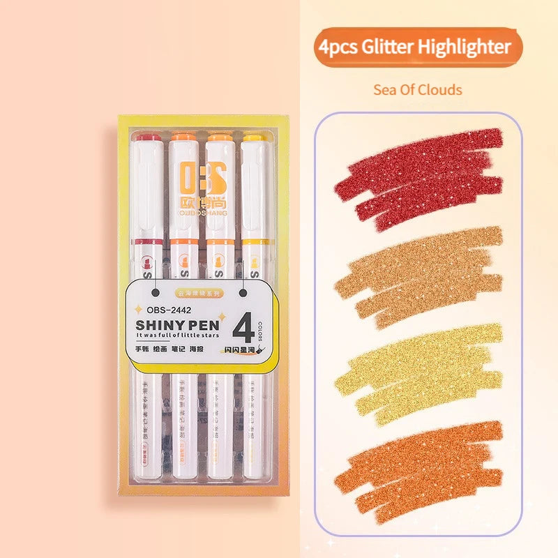 Kit 4 Canetas Marca-Texto Kawaii Glitter – Pastel, Fine, Para Scrapbook e Escola