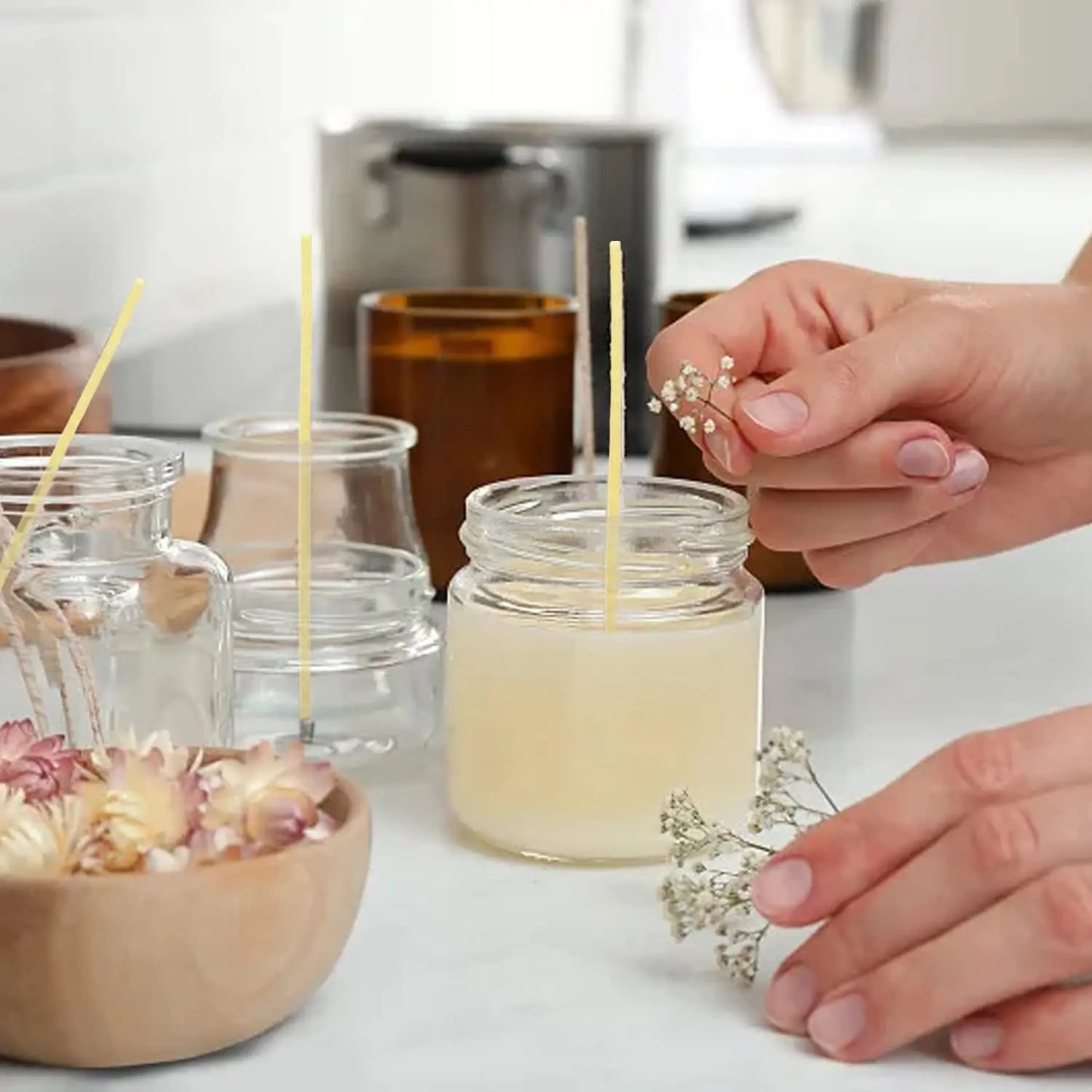 Kit 100 Pavios de Velas Pré-Encerados com Suporte – Algodão para Velas Artesanais