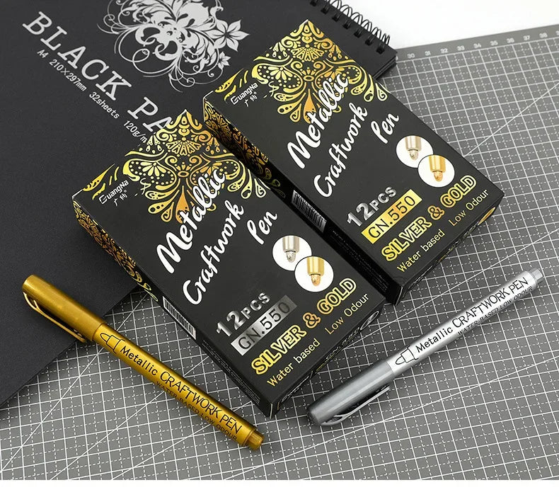 Kit 1 ou 2 Canetas Metallic Marker – Ouro e Prata, Permanente para Scrapbook e Artesanato