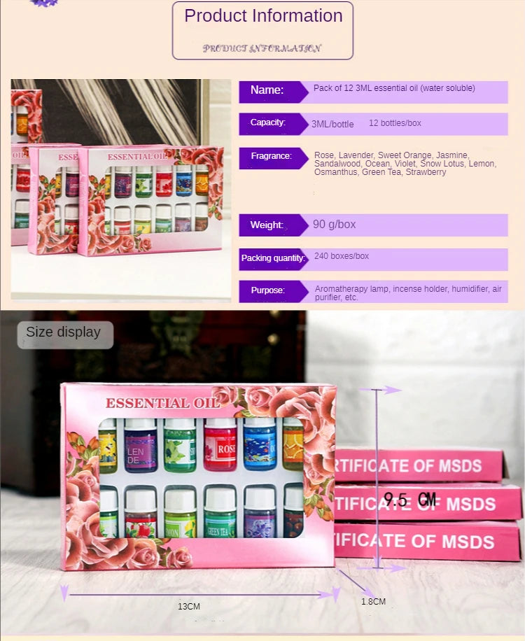 12 Peças Óleo Essencial 3ml – Aromaterapia, Purificador de Ar e Difusor